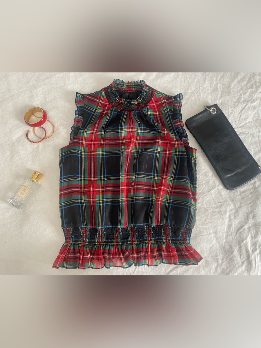 Plaid Ruffle-Hem Sleeveless J Crew Top - Red/Black/Gold Metallic